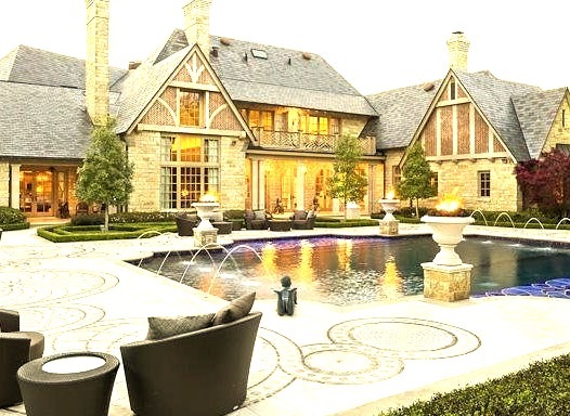 Mansion with Fountain Pool Out Front